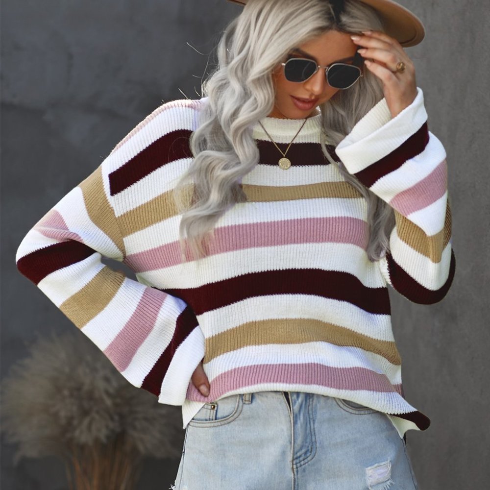 Pink Casual Loose Bell Sleeves Striped Knit Sweater - Picture 13 of 15